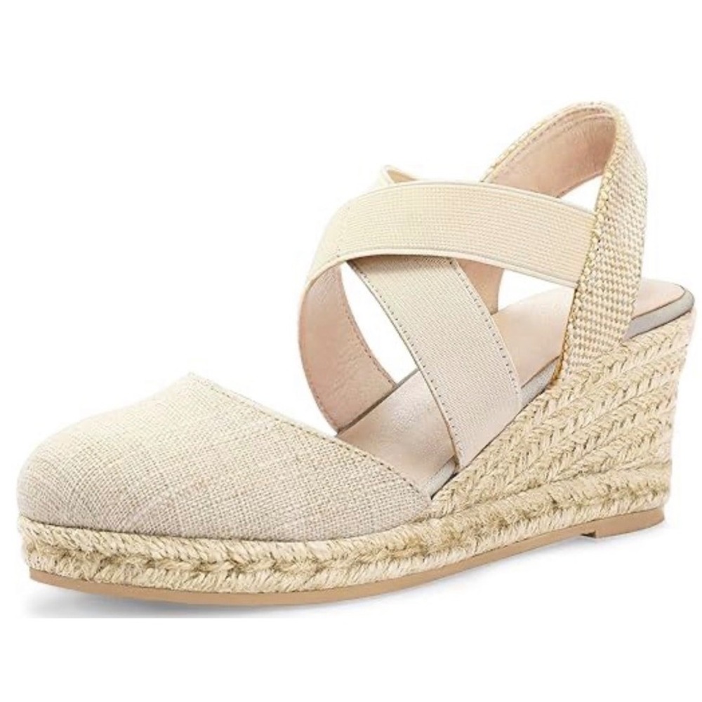 Mysoft Espadrille Wedge Sandals Womens 7 Beige New Elastic Strap JD03 Closed Toe